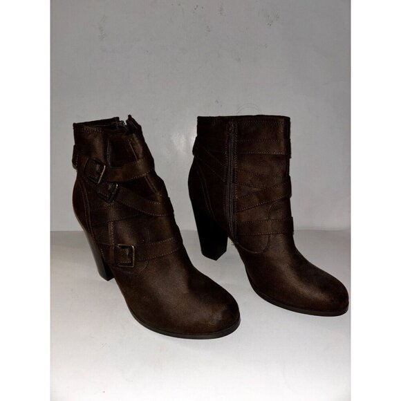 Just Fab Brianne Faux Leather Chunky Heel Ankle Brown Bootie Women 11M Pull On - Picture 1 of 9